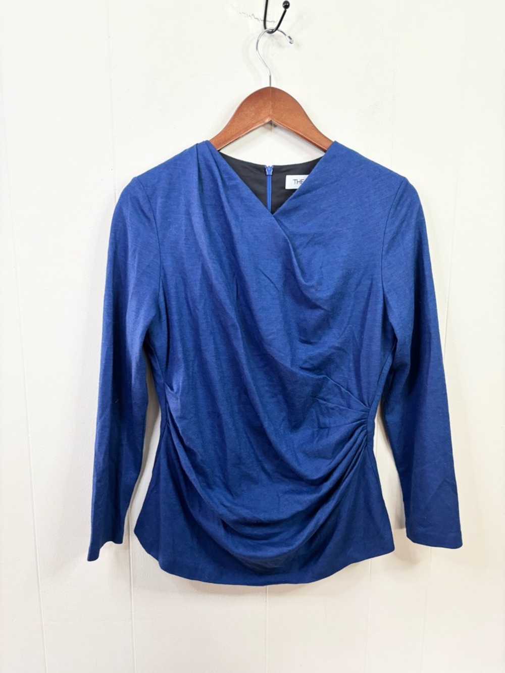The Fold blue long sleeve ruched blouse top size US 8/M